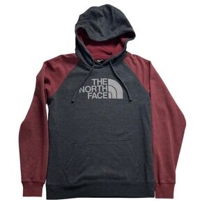 The North Face Womens L Hoodie Pullover Grey Burgundy Logo Sweatshirt